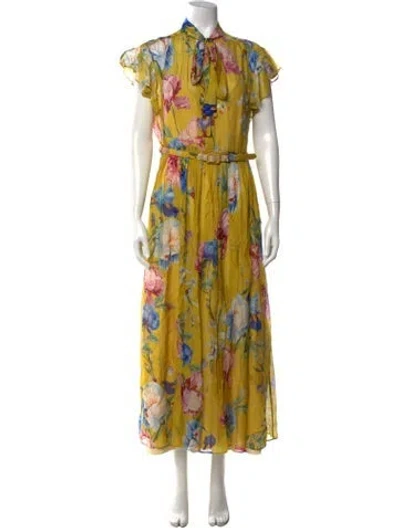 Pre-owned Leo Lin Floral Print Long Dress In Yellow