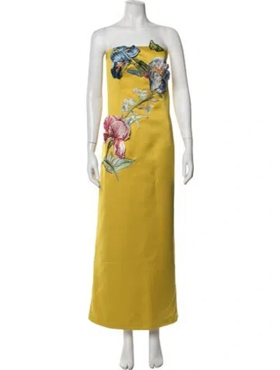 Pre-owned Leo Lin Floral Print Long Dress In Yellow