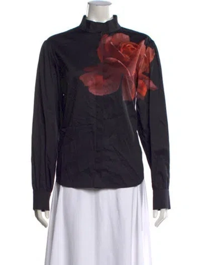 Pre-owned Leo Lin Floral Print Long Sleeve Blouse In Black