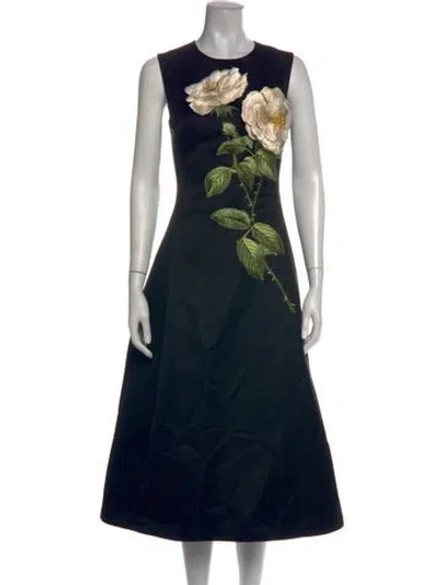 Pre-owned Leo Lin Floral Print Midi Length Dress In Black