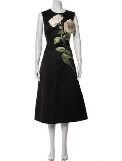 Pre-owned Leo Lin Floral Print Midi Length Dress In Black