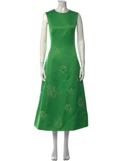 Pre-owned Leo Lin Floral Print Midi Length Dress In Green