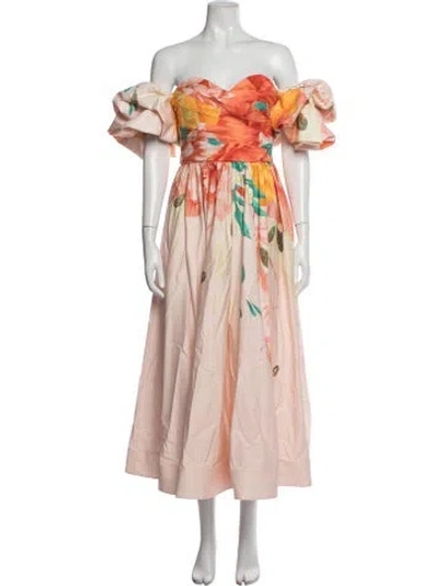 Pre-owned Leo Lin Floral Print Midi Length Dress In Pink