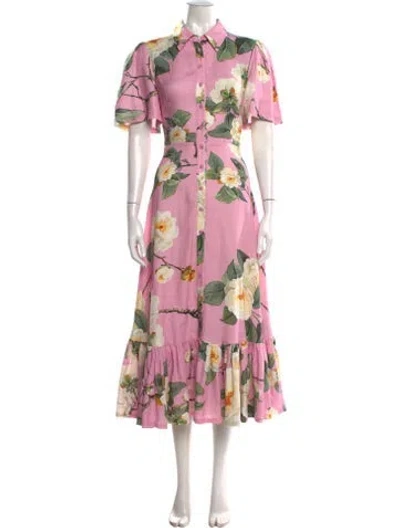 Pre-owned Leo Lin Floral Print Midi Length Dress In Pink