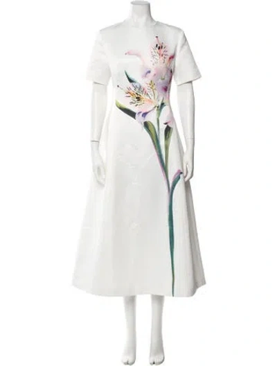 Pre-owned Leo Lin Floral Print Midi Length Dress In White