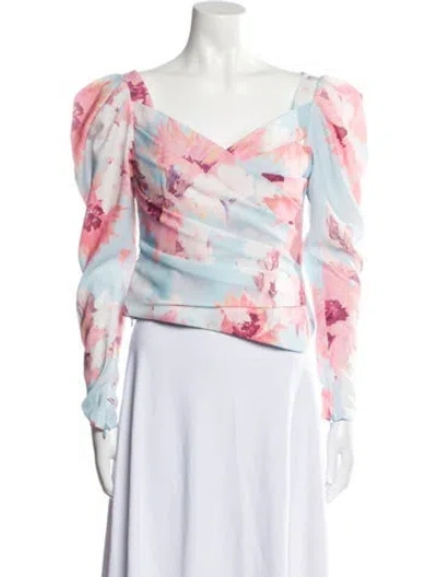 Pre-owned Leo Lin Floral Print V-neck Crop Top In Blue