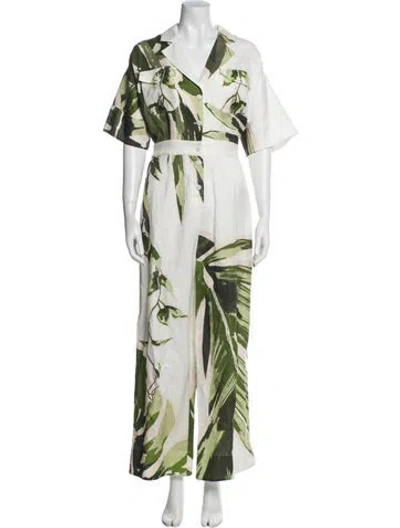 Pre-owned Leo Lin Floral Print V-neck Jumpsuit In Green