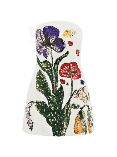 Leo Lin Floral Strapless Dress In White