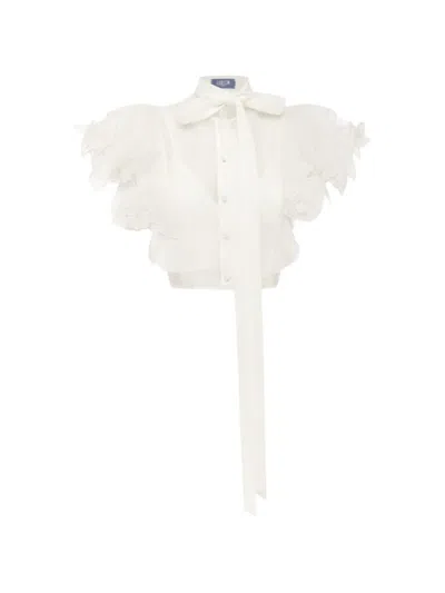 Leo Lin Floral-embroidered Flutter-sleeve Blouse In Neutral