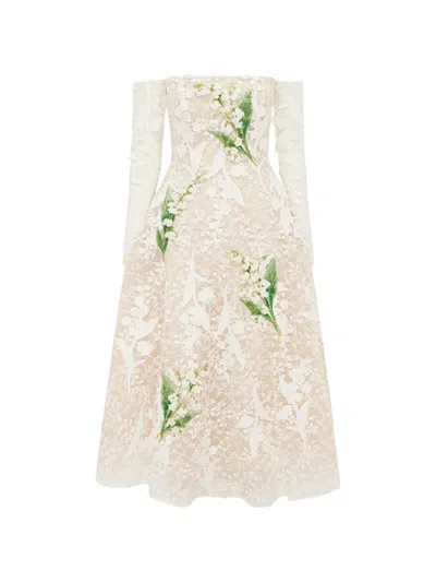 Leo Lin Floral-embroidered Lace-overlay Midi Dress In Neutral