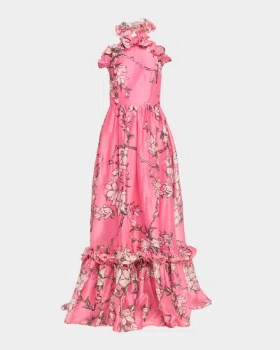 Leo Lin Floral-print Ruffle Halter Maxi Dress In Pink