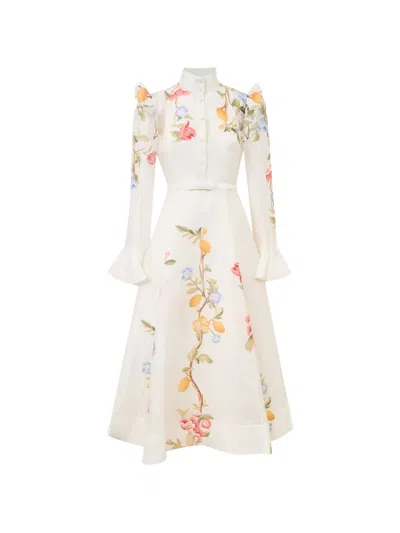 Leo Lin Floral-print Ruffled-shoulder Midi Dress In White