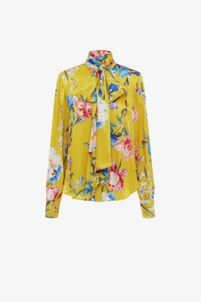 Leo Lin Freya Tie Neck Silk Blouse - Garden Print In Mustard