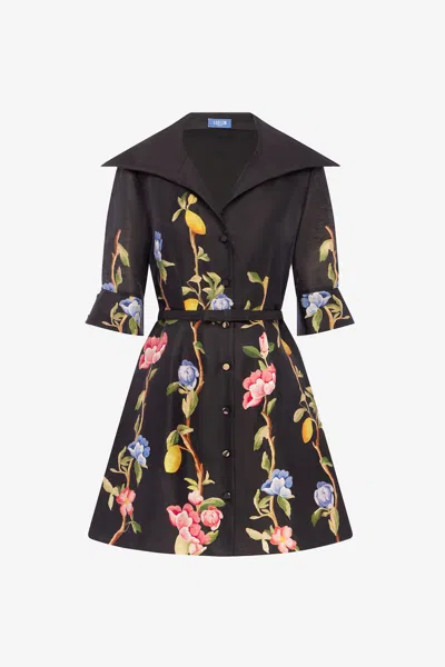 Leo Lin Genevieve Sleeve Mini Dress - Lemon Vine Print In Ebony