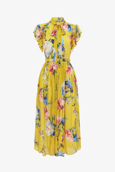Leo Lin Grace Flutter Sleeve Midi Dress - Garden Print In Mustard In Yellow