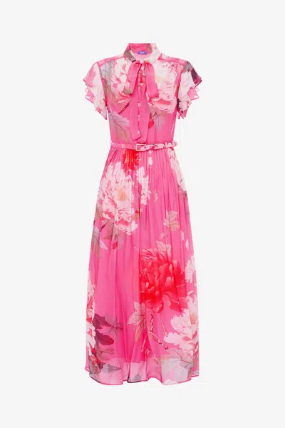 Leo Lin Grace Flutter Sleeve Midi Dress - Peony Print In Fuchsia