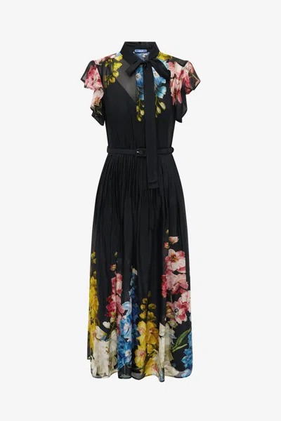 Leo Lin Grace Flutter Sleeve Midi Dress - Snapdragon Print In Ebony