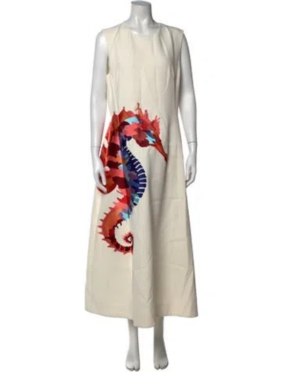 Pre-owned Leo Lin Graphic Print Long Dress In Neutrals