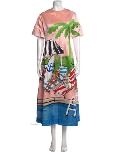 Pre-owned Leo Lin Graphic Print Midi Length Dress In Orange