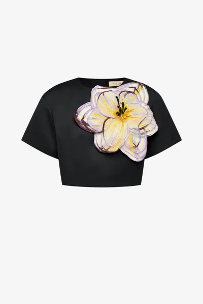 Leo Lin Indie Appliqué Sleeve Top - Iris Print In Ebony In Black