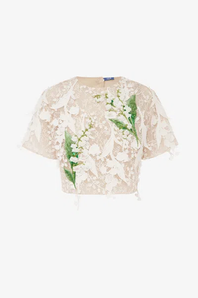 Leo Lin Indie Embellished Lace Sleeve Top - Snow Meadow In Neutral