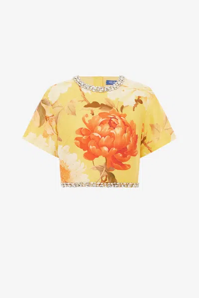 Leo Lin Indie Embellished Sleeve Top - Peony Print In Yellow