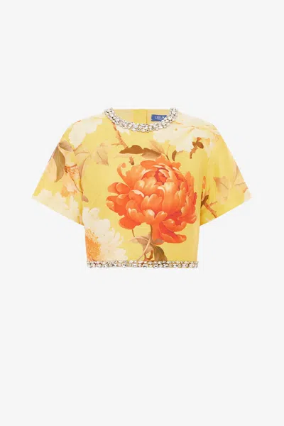 Leo Lin Indie Embellished Sleeve Top - Peony Print In Yellow