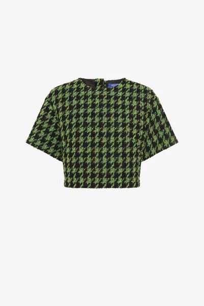 Leo Lin Indie Tweed Sleeve Top - Houndstooth In Green