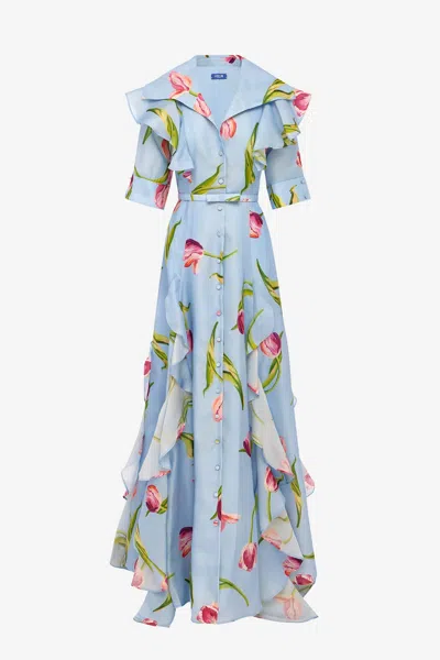 LEO LIN ISABELLA SILK GOWN - TULIP PRINT IN BLUE