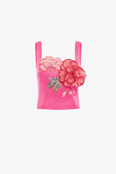 Leo Lin Isadora Appliqué Top - Peony Print In Fuchsia