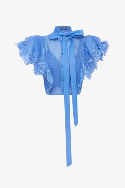 Leo Lin Jasmine Appliqué Flutter Sleeve Top - Azure