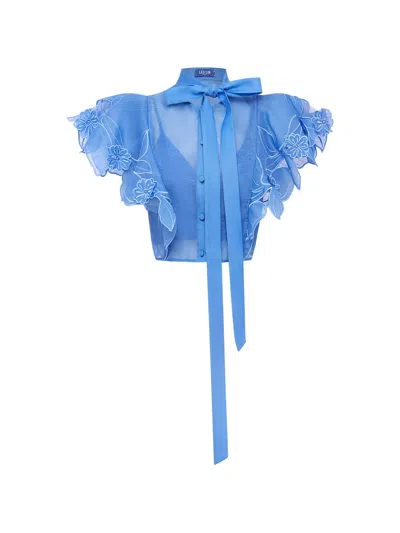 Leo Lin Jasmine Appliqué Flutter-sleeve Top In Blue