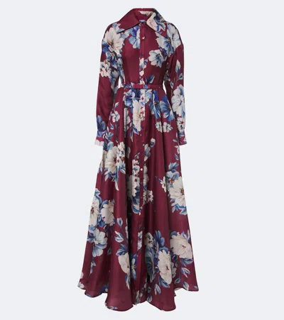 Leo Lin Josephine Belted Floral Silk Gown In Burgundy