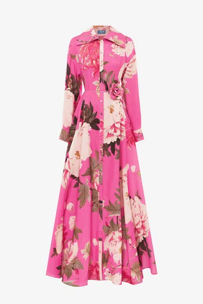 Leo Lin Josephine Silk Gown - Peony Print In Fuchsia In Pink