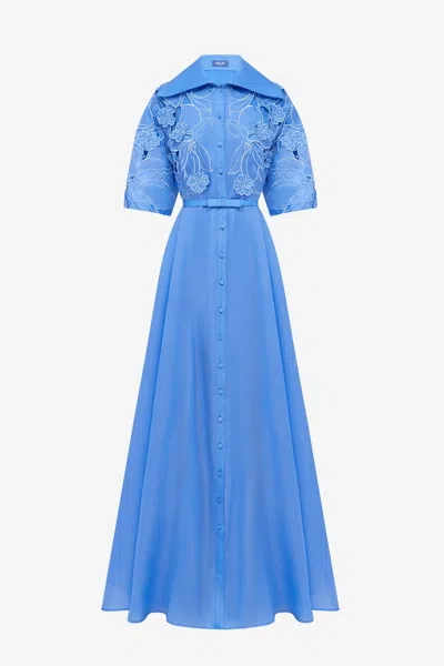 Leo Lin Junia Appliqué Puff Sleeve Silk Gown - Azure In Blue