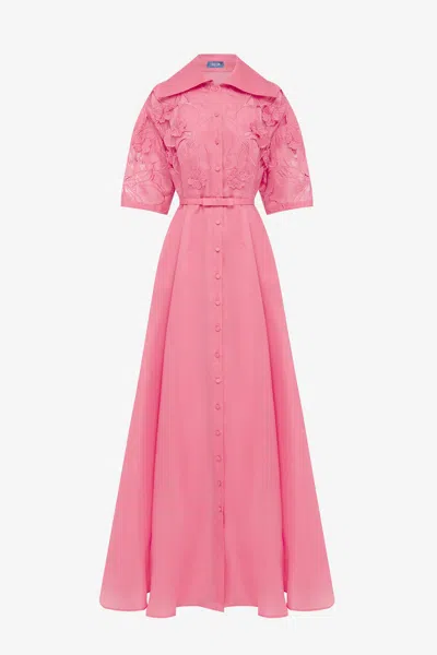 Leo Lin Junia Appliqué Puff Sleeve Silk Gown - Fuchsia