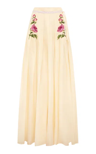 Leo Lin Juno Pleated Embroidered Wide-leg Pants In Neutral