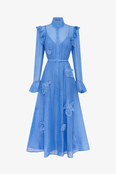 Leo Lin Katrina Appliqué Butterfly Sleeve Midi Dress - Azure