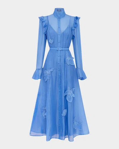 Leo Lin Katrina Applique Butterfly-sleeve Belted Midi Dress In Blue
