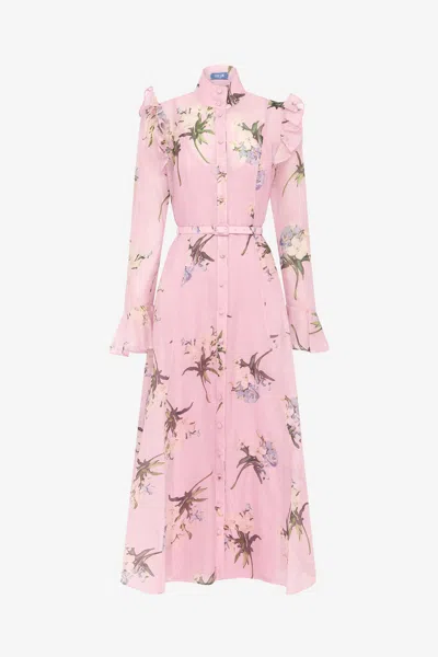 Leo Lin Katrina Butterfly Sleeve Midi Dress - Bouquet Print In Pastel Pink