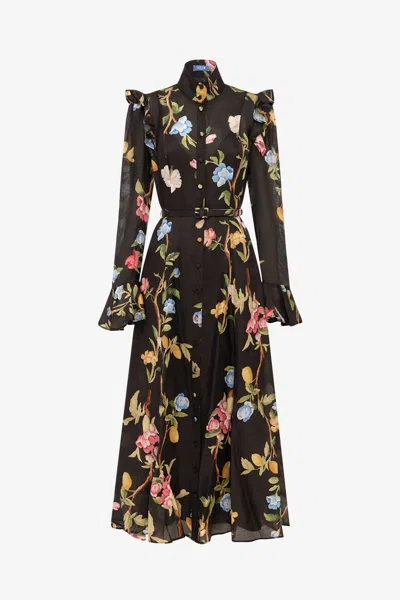 Leo Lin Katrina Butterfly Sleeve Midi Dress - Lemon Vine Print In Ebony In Multi
