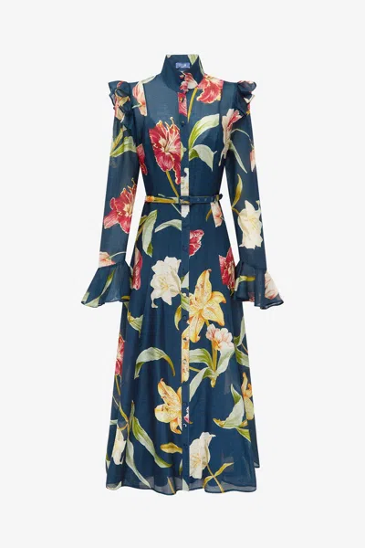 Leo Lin Katrina Butterfly Sleeve Midi Dress - Lily Print In Indigo In Blue