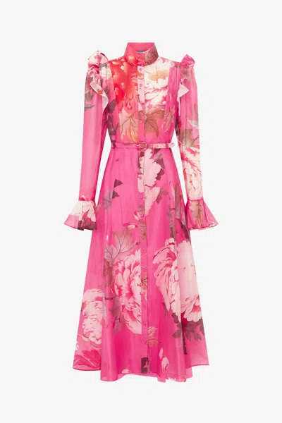 Leo Lin Katrina Butterfly Sleeve Midi Dress - Peony Print In Fuchsia