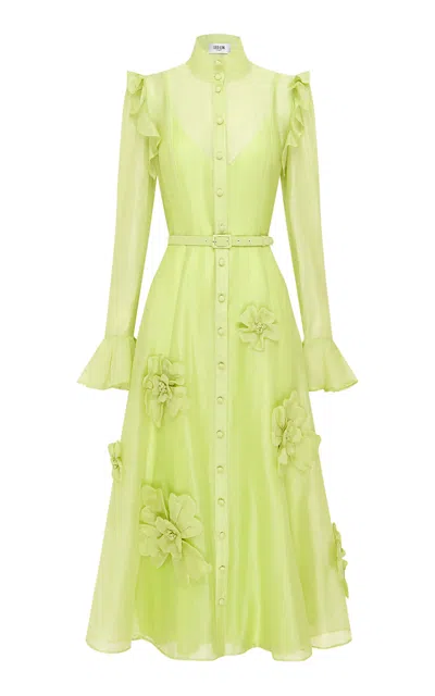 Leo Lin Katrina Floral-appliquéd Chiffon Midi Dress In Lime Green