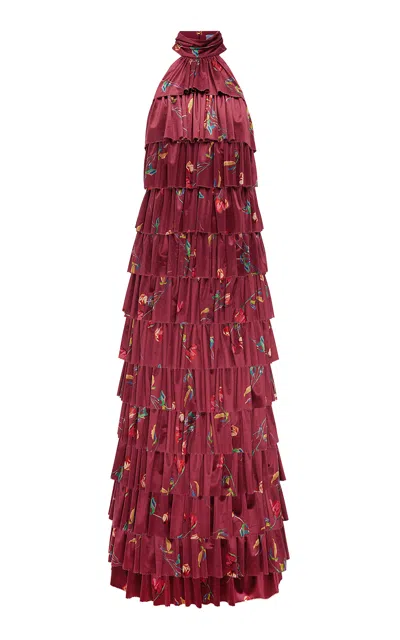 Leo Lin Keira Velvet Tiered Maxi Dress - Rose Print In Maroon In Red