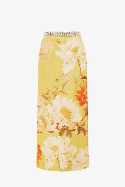 Leo Lin Kyra Embellished Maxi Skirt - Peony Print In Yellow