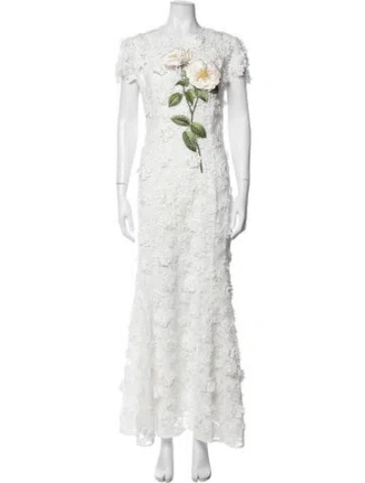 Pre-owned Leo Lin Lace Pattern Long Dress In White