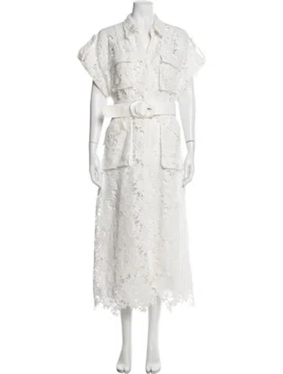 Pre-owned Leo Lin Lace Pattern Long Dress In White