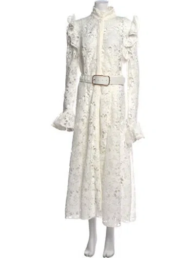 Pre-owned Leo Lin Lace Pattern Long Dress In White