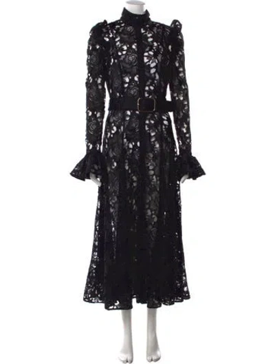 Pre-owned Leo Lin Lace Pattern Midi Length Dress In Black